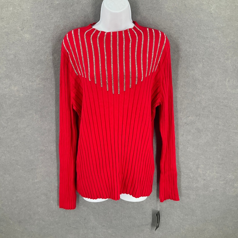 INC International Concepts Red Embellished Ribbed‎ Pullover Sweater 2XL Holiday